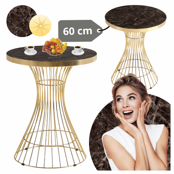 Mały Okrągły Stół 60 cm Do Salonu Glamour Nowoczesny Klepsydra Brązowy Marmur Złoty ELEGANT