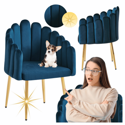 Nowoczesne Welurowe Krzesło Do Jadalni Salonu Muszelka Glamour Niebieskie Złote ARIEL