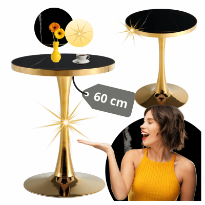Mały Nowoczesny Stół 60 cm Okrągły Do Salonu Glamour Kolumnowa Podstawa Czarny Marmur Złoty ROCKY