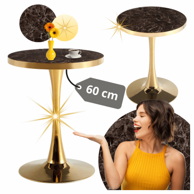 Okrągły Stół Glamour Do Salonu Nowoczesny Mały Kolumnowa Podstawa 60 cm Brązowy Marmur Złoty ROCKY