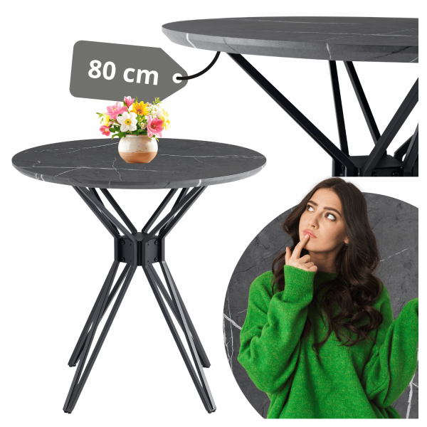 Nowoczesny Stół Do Jadalni Salonu Kuchni Okrągły 80 cm Metalowy Dąb Marmur Ciemnoszary Czarny POLY