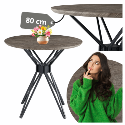 Okrągły Stół Kuchenny 80 cm Do Jadalni Salonu Kuchni Nowoczesny Dąb Szary Metalowy Czarny POLY