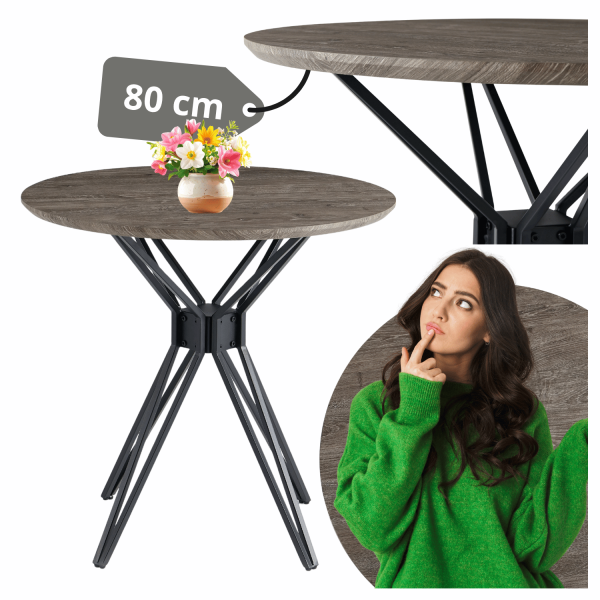 Okrągły Stół Kuchenny 80 cm Do Jadalni Salonu Kuchni Nowoczesny Dąb Szary Metalowy Czarny POLY