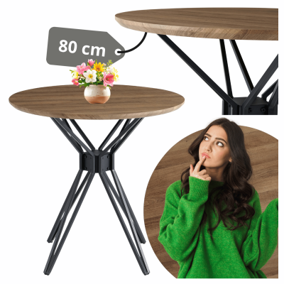 Stół Kuchenny 80 cm Do Jadalni Salonu Kuchni Nowoczesny Okrągły Metalowy Dąb Ciepły Czarny POLY
