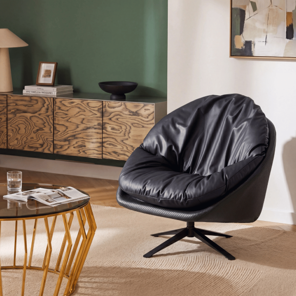 Czarny Skórzany Fotel Wypoczynkowy Obrotowy Nowoczesny Do Salonu Loft Eco Skóra CLOUD
