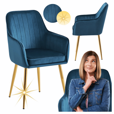 Niebieskie Krzesło Do Jadalni Salonu Nowoczesne Welurowe Glamour Z Podłokietnikami Morske Złote WINX