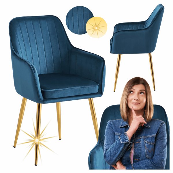 Niebieskie Krzesło Do Jadalni Salonu Nowoczesne Welurowe Glamour Z Podłokietnikami Morske Złote WINX