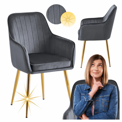 Nowoczesne Welurowe Krzesło Do Jadalni Salonu Glamour Z Podłokietnikami Ciemnoszare Złote WINX