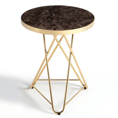 Stół 60 cm Elegancki Nowoczesny Mały Do Salonu Okrągły Glamour Brązowy Marmur Złoty GOLDEN