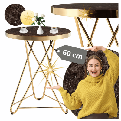 Stół 60 cm Elegancki Nowoczesny Mały Do Salonu Okrągły Glamour Brązowy Marmur Złoty GOLDEN