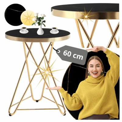 Mały Stół Okrągły 60 cm Elegancki Nowoczesny Do Salonu Glamour Czarny Marmur Złoty GOLDEN