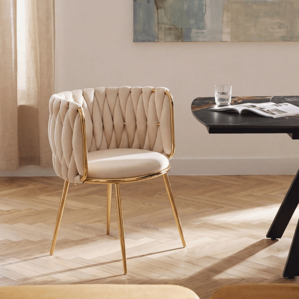 Welurowe Nowoczesne Krzesło Do Jadalni Salonu Plecione Glamour Metalowe Złote Beżowe BELLA