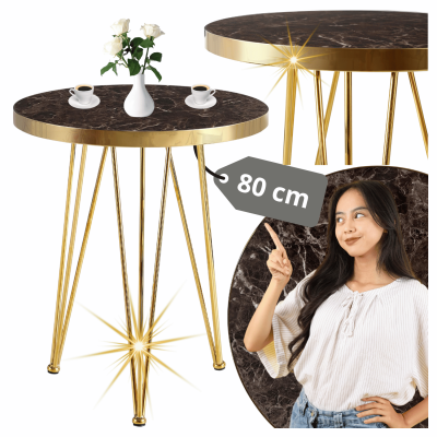 Okrągły Stół Do Salonu Jadalni Kuchni Glamour Kuchenny 80 cm Nowoczesny Brązowy Marmur TOLIA