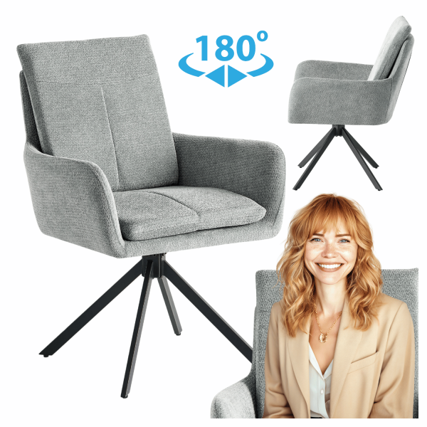 Popielate Krzesło Obrotowe Do Jadalni Salonu Loft Nowoczesne Tapicerowane Z Podłokietnikami Szare MIA