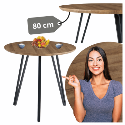 Mały Nowoczesny Stół Kuchenny Do Jadalni Salonu Okrągły 80 cm Industrialny Loft Dąb Ciepły ZOE