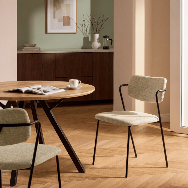 Minimalistyczne Krzesło Kuchenne Do Jadalni Salonu Tapicerowane Loft Beżowe Metalowe Czarne KELI