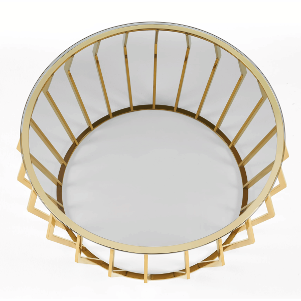 Nowoczesny Złoty Stolik Kawowy Glamour Art Deco Okrągły 80 cm Do Salonu Czarne Szkło Hartowane ELITE