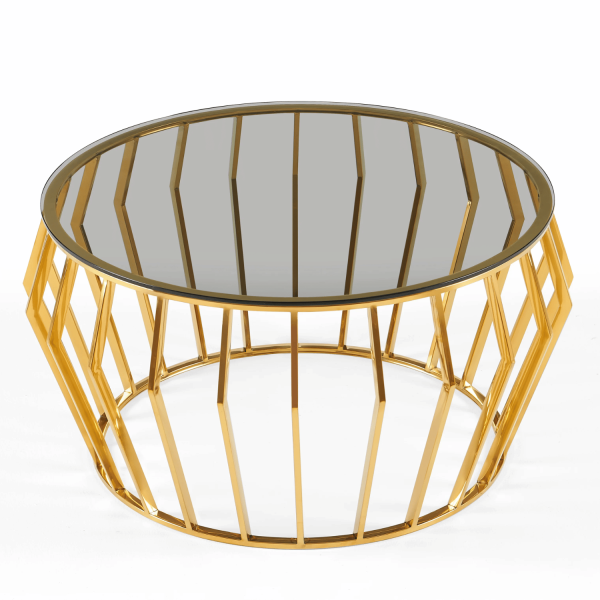 Nowoczesny Złoty Stolik Kawowy Glamour Art Deco Okrągły 80 cm Do Salonu Czarne Szkło Hartowane ELITE