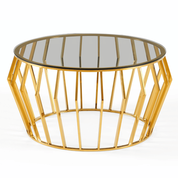 Nowoczesny Złoty Stolik Kawowy Glamour Art Deco Okrągły 80 cm Do Salonu Czarne Szkło Hartowane ELITE