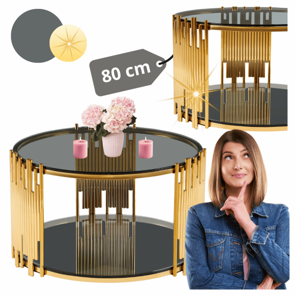 Nowoczesny Złoty Stolik Kawowy Do Salonu Okrągły Glamour 80 cm Czarne Szkło Hartowane GLAMI