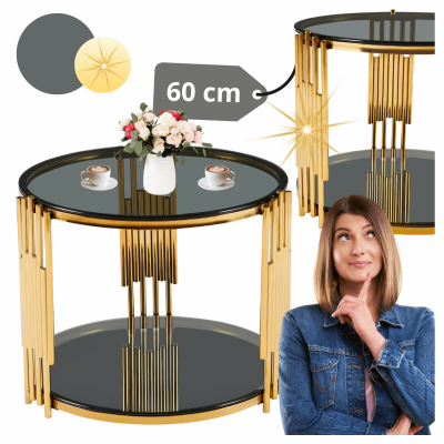 Stolik Kawowy Do Salonu Okrągły Glamour 60 cm Nowoczesny Czarne Szkło Hartowane Złoty GLAMI