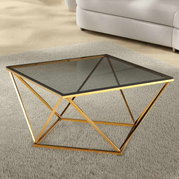 Stolik Kawowy Kwadratowy 80x80 cm Do Salonu Stalowy Szklany Glamour Art Deco Złoty Czarny GEO