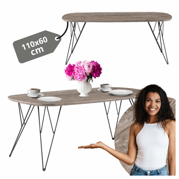 Industrialny Nowoczesny Stolik Kawowy Prostokątny 110x60 cm Do Salonu Loft Dąb Szary Czarny GRIM