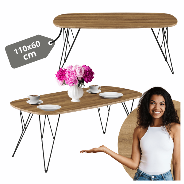Prostokątny Nowoczesny Stolik Kawowy Do Salonu 110x60 cm Loft Industrialny Dąb Ciepły Czarny GRIM