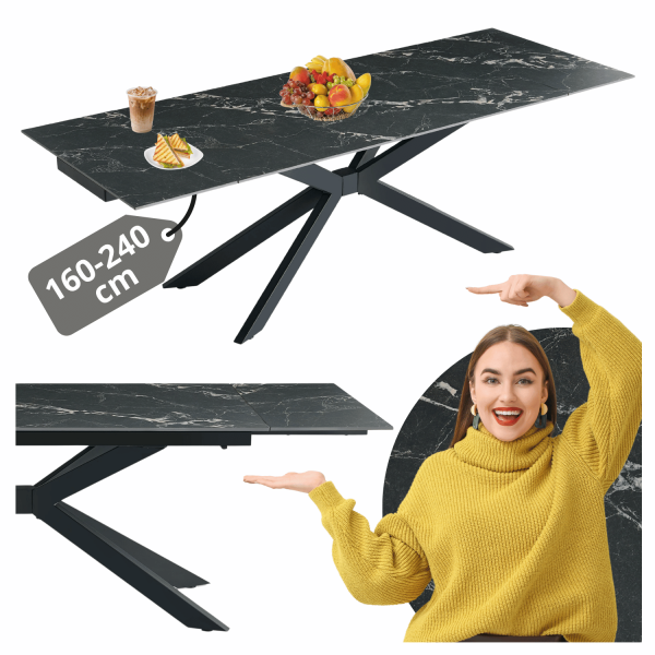 Prostokątny Stół Rozkładany 160-240 cm Ceramiczny Nowoczesny Loft Do Jadalni Salonu Czarny Marmur LILIA