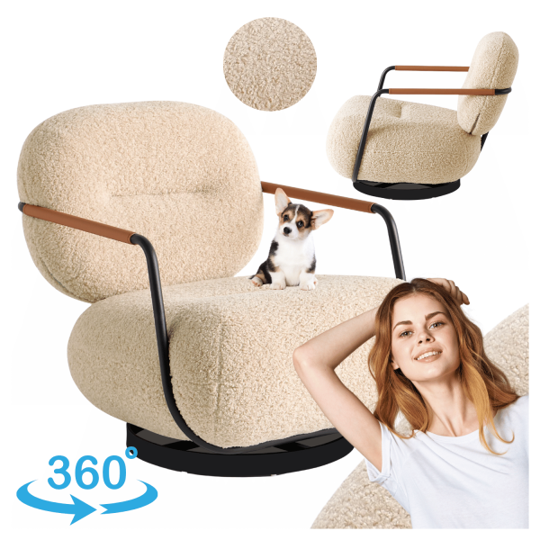 Obrotowy Fotel Tapicerowany Bouclé Wypoczynkowy Do Salonu Nowoczesny Retro Kremowy LINEA