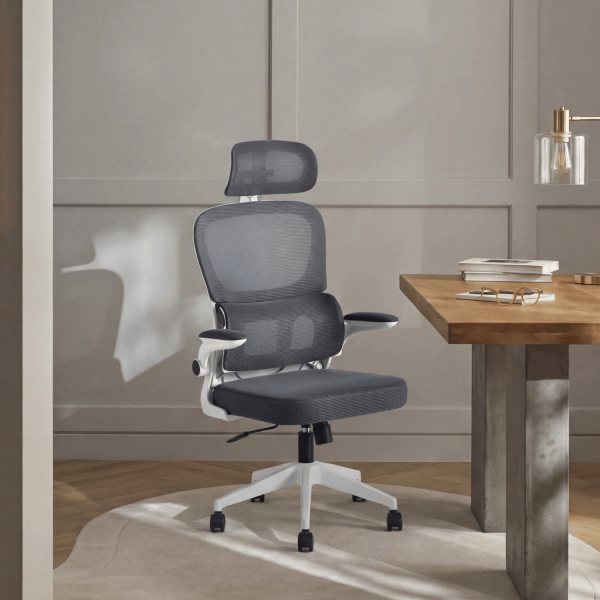 Ergonomiczny Nowoczesny Fotel Biurowy Do Biurka Biura Obrotowy Z Podłokietnikami Szary Biały LANZAROTE