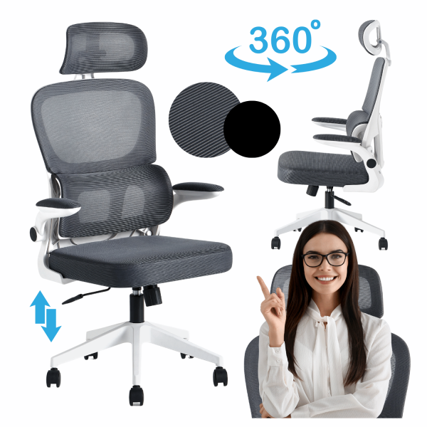 Ergonomiczny Nowoczesny Fotel Biurowy Do Biurka Biura Obrotowy Z Podłokietnikami Szary Biały LANZAROTE