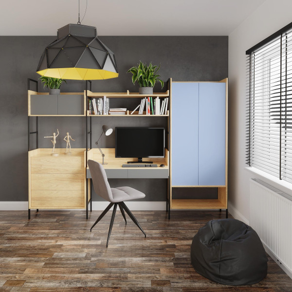 Biurko Modułowe 2S Szare System Mebli Modułowych Aranżacja Szafki Niebieskie Szare i Hikora w Pokoju