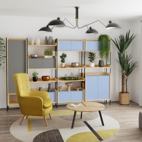 Regał Modułowy 1D Szary System Mebli Modułowych MOBIUS Aranżacja Szafki Niebieskie i Szare w Salonie