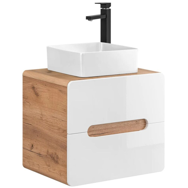 Szafka pod Umywalkę Nablatową 60cm ARUBA WHITE 828 Dąb Craft Złoty Biały Połysk Front Lewy Aranżacja z Umywalką
