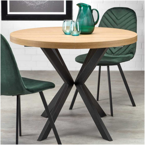 Stół Rozkładany Okrągły 100-250x100 cm PERONI Dąb Złoty Czarny. Aranżacja Zbliżenie na Stół i 2 Krzesła obok niego w Salonie