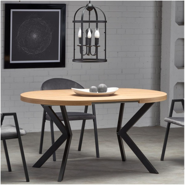 Stół Rozkładany Okrągły 100-250x100 cm PERONI Dąb Złoty Czarny. Aranżacja 3 Krzesła wokół Rozłożonego Stołu w Salonie od Frontu