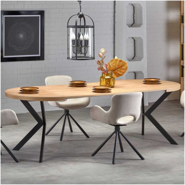 Stół Okrągły 100-250x100 cm PERONI Dąb Złoty Czarny Aranżacja Maksymalnie Rozłożony Stół i 4 Krzesła wokół niego w Salonie
