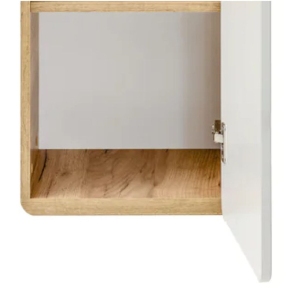 Szafka Łazienkowa 25cm ARUBA WHITE 805 Dąb Złoty Craft Biała Zbliżenie na Dolną Półkę i Otwarte Drzwi od Frontu