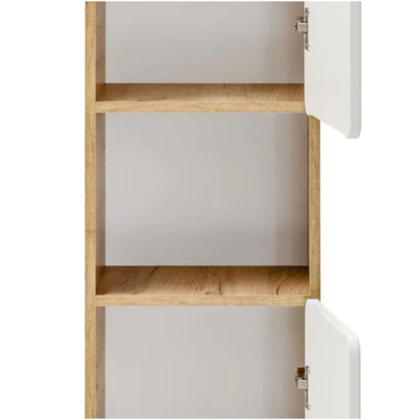 Szafka Łazienkowa 25cm ARUBA WHITE 805 Dąb Złoty Craft Biała Zbliżenie na Środkowe Półki i Otwarte Drzwi od Frontu