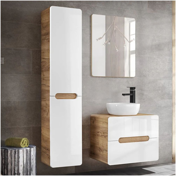 Szafka Łazienkowa z Koszem 35cm ARUBA WHITE 804 Dąb Craft Złoty Biała Aranżacja Zestaw Mebli ARUBA WHITE w Łazience