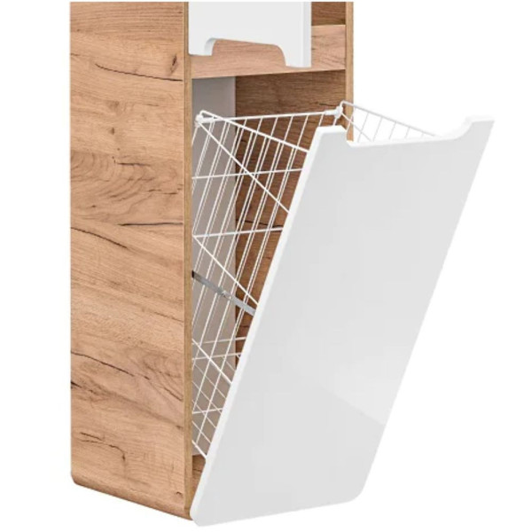 Szafka Łazienkowa z Koszem 35cm ARUBA WHITE 804 Dąb Craft Złoty Biała Front Lewy Zbliżenie na Otwarty Kosz