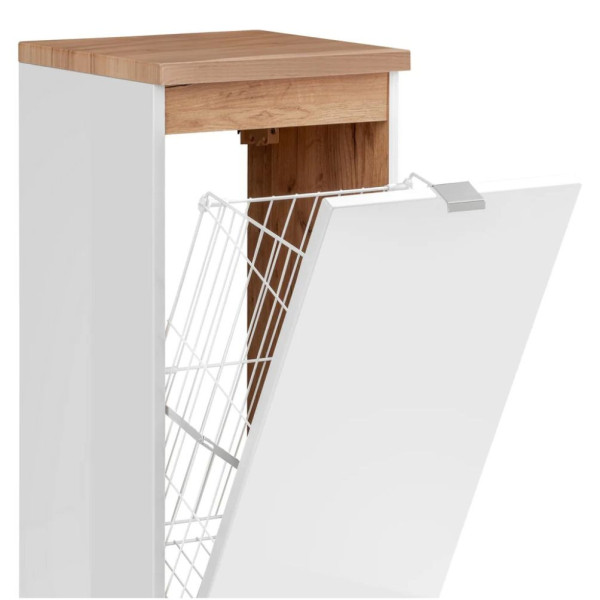 Szafka Łazienkowa z Koszem Wisząca CAPRI WHITE 811B Biała Zbliżenie na Otwarty Kosz