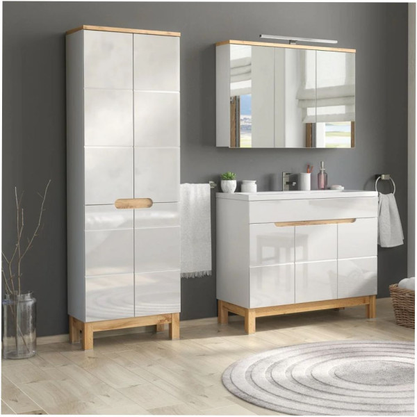 Szafka Łazienkowa z Lustrem BALI WHITE 845 Biel Alpejska Aranżacja Zestaw Mebli BALI WHITE w Łazience