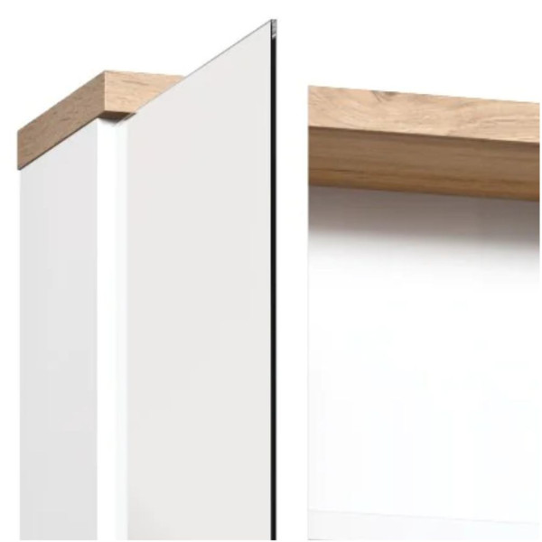 Szafka Łazienkowa z Lustrem BALI WHITE 845 Biel Alpejska Zbliżenie na Otwarte Lustrzane Drzwi