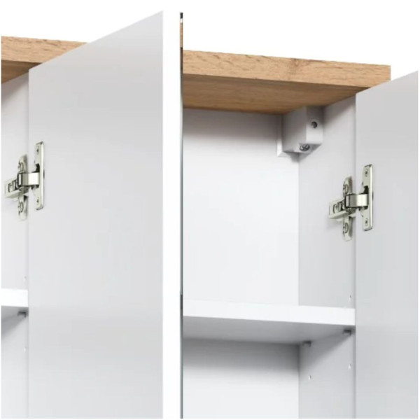 Szafka Łazienkowa z Lustrem BALI WHITE 845 Biel Alpejska Zbliżenie na Otwarte Drzwi i Górną Półkę