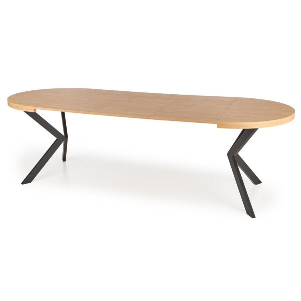 Stół Rozkładany Okrągły 100-250x100 cm PERONI Dąb Złoty Czarny. Front Prawy Maksymalnie Rozłożonego Stołu