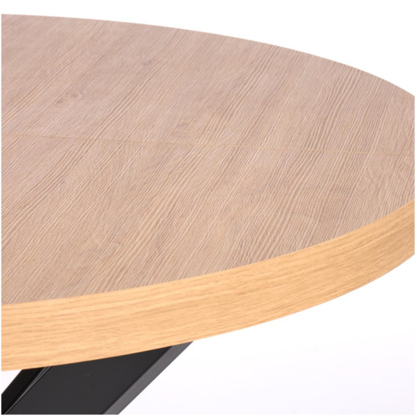 Stół Rozkładany Okrągły 100-250x100 cm PERONI Dąb Złoty Czarny. Zbliżenie na Blat od Frontu