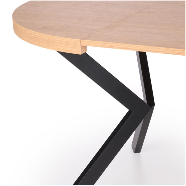 Stół Rozkładany Okrągły 100-250x100 cm PERONI Dąb Złoty Czarny. Zbliżenie na Bok Rozłożonego Blatu i Nogi