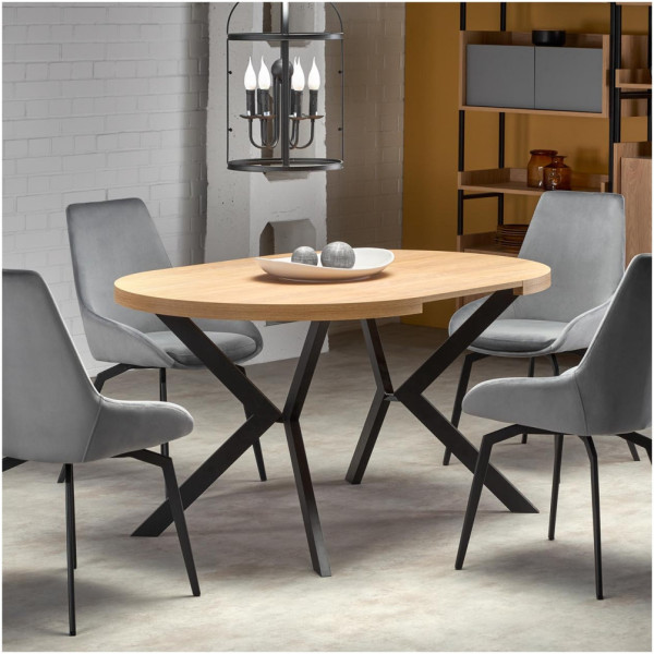 Stół Rozkładany Okrągły 100-250x100 cm PERONI Dąb Złoty Czarny. Aranżacja 4 Krzesła wokół Rozłożonego Stołu w Salonie